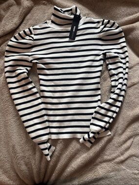 Fashion Nova White and Black Striped Ribbed Turtleneck Long Sleeve